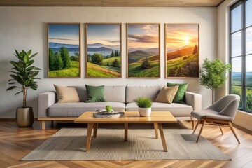 Fototapeta premium Panoramic Minimalist Living Room: Neutral Palette, Wooden Accents, Landscape Prints
