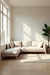 Sunlight Illuminates a Modern Minimalist Living Room with a Comfortable Sectional Sofa and a Potted Plant