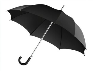 Black umbrella, open, isolated on white background.