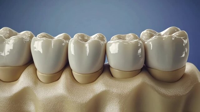 Dental models of ceramic crowns arranged on a display for educational purposes in a dental clinic