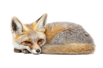 Red fox Vulpes sleeping isolated on white background.