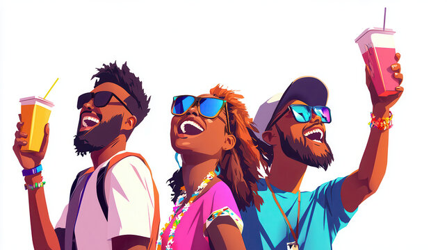 Group of diverse friends enjoying drinks and celebrating together, smiling joyfully under sun