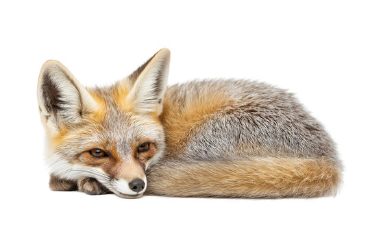 Red fox Vulpes sleeping isolated on white background.