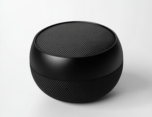 Black portable wireless speaker on white background.