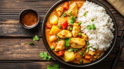 A hearty bowl of chicken and vegetable curry with tender chunks of chicken, potatoes, and carrots