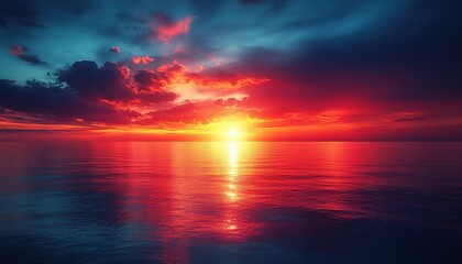 Sun Setting on Water, Red Sky, Dark Clouds, Reflecting, for Travel Ads or Background