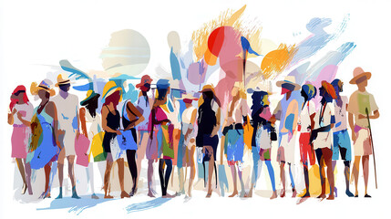 Obraz premium vibrant group of diverse individuals standing together, showcasing lively beach atmosphere with colorful attire and accessories