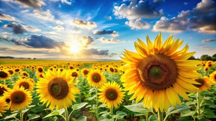 Fototapeta premium Golden sunflowers standing tall in a vast open field under a bright blue sky with fluffy white clouds and a few birds flying overhead , Open Land, Nature