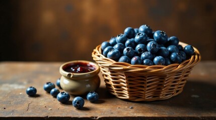 A rustic still life featuring a wicker basket overflowing with plump, ripe blueberries, accompanied by a small bowl of homemade blueberry preserves, and several scattered berries.