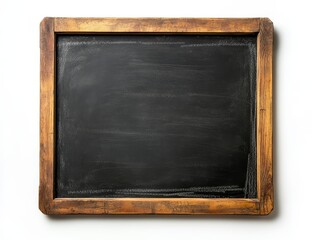 Blank rustic wooden framed chalkboard on white background.