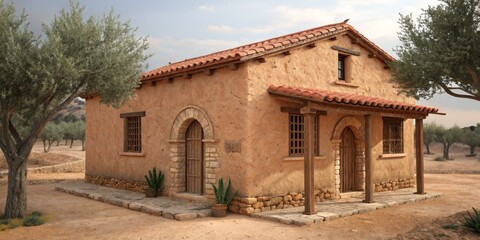 Historic mudbrick house surrounded by olive trees in a rural setting at sunset