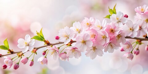 Cherry Blossom branch with delicate pink petals and green leaves against a soft white background, background, pink