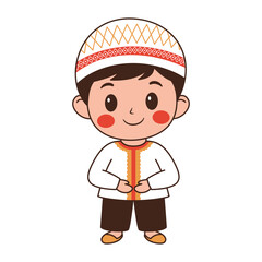 Happy Cute Muslim Kid Boy Cartoon Character Wearing Islamic Traditional Clothes
