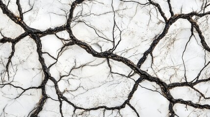 Detailed close-up of cracked white marble surface with intricate black veins highlighting texture