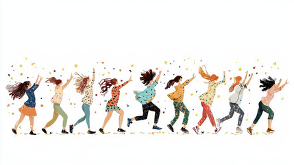 Diverse group of women joyfully dancing together, celebrating with confetti