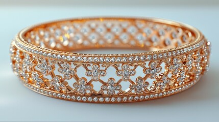 Diamond floral gold bangle on white reflecting surface