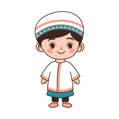 Happy Cute Muslim Kid Boy Cartoon Character Wearing Islamic Traditional Clothes