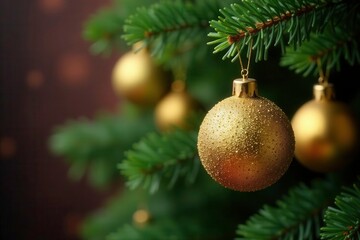 Fototapeta premium Sparkling gold balls dangle on a evergreen tree limb, limb, festive, ornaments