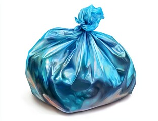 Tied blue plastic garbage bag full of trash isolated on white.