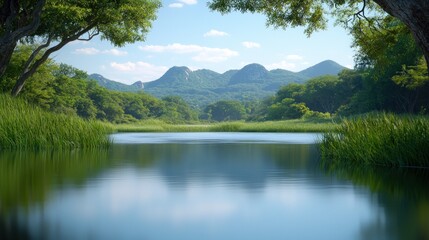 Tranquil Lake in Lush Tropical Landscape