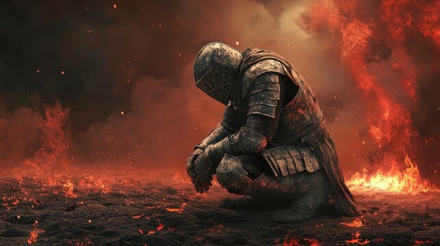 A knight in tarnished armor kneeling on scorched ground, facing a dragon as it prepares to unleash a torrent of fire. The dark background features a bleak, barren landscape under a dim