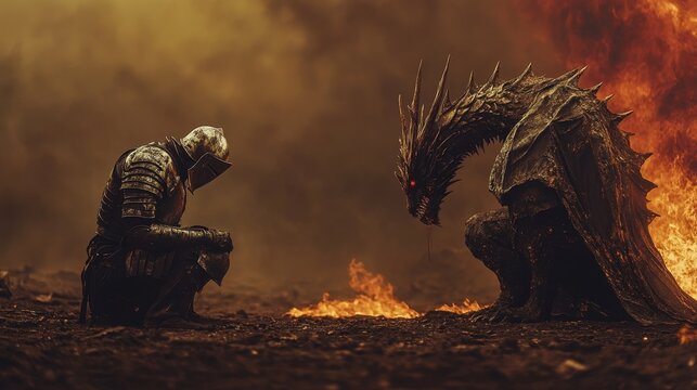 A knight in tarnished armor kneeling on scorched ground, facing a dragon as it prepares to unleash a torrent of fire. The dark background features a bleak, barren landscape under a dim