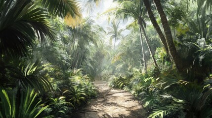 Lush tropical jungle pathway illuminated by sunlight, showcasing vibrant foliage and serenity