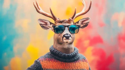Gordijnen Cool Deer in Sweater and Sunglasses © Ariep