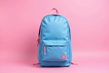Fototapeta premium Light Blue Backpack Against Pink Background