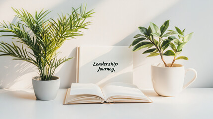 Obraz premium Leadership Journey book on white desk with green plants, creating serene workspace atmosphere
