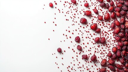 Dried jujubes and red sprinkles on white background for food styling