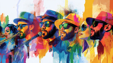 Colorful pop art style digital painting of musicians with vibrant expressions and instruments, showcasing lively atmosphere