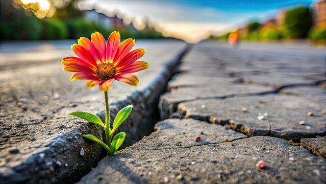 Resilient Flower: Asphalt Crack Bloom, Struggle, Perseverance, Hope, Nature's Strength, Urban Botany,  Hard Times, Strong Flower, Blooming in adversity, overcoming challenges
