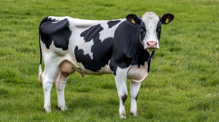 Close-Up of a Black and White Dairy Cow on Green Pasture Land