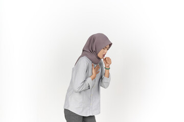 Coughing Gesture Of Beautiful Asian Woman Wearing Hijab Isolated On White Background