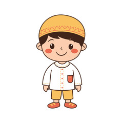 Happy Cute Muslim Kid Boy Cartoon Character Wearing Islamic Traditional Clothes