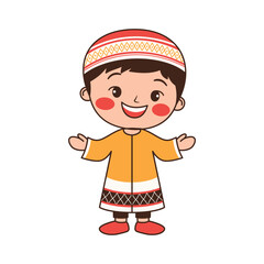 Happy Cute Muslim Kid Boy Cartoon Character Wearing Islamic Traditional Clothes