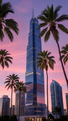 Skyscraper Tower with Purple Sky and Palm Trees in the Foreground