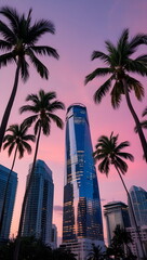 Skyscraper Tower with Purple Sky and Palm Trees in the Foreground
