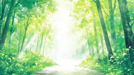 Fototapeta premium Lush Green Forest Pathway with Soft Light Filtering Through Trees and Vibrant Foliage