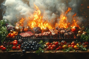 Grilled Meats and Vegetables on the BBQ in a Sunny Outdoor Setting