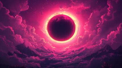 Obraz premium A vibrant, digital illustration of a dramatic, crimson-hued celestial event, featuring a large, dark eclipse against a backdrop of vibrant pink clouds and mountains.