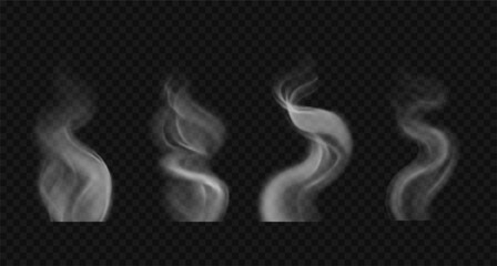 Vector wavy smoke on water, tea, coffee, food. Set of realistic white hot steam isolated on transparent background