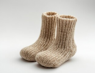 Pair of beige knitted baby socks on white background.