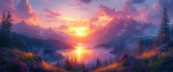 Fototapeta premium Couple Watching Sunset in Mountain Landscape Natural Beauty