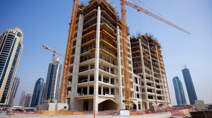 Fototapeta premium Modern Urban Construction Site with Crane and New Buildings
