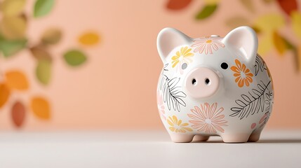 Autumn savings Piggy bank with fall leaves