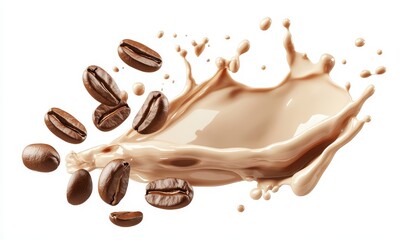 Coffee beans splashing in creamy liquid.