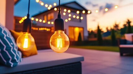 Cozy Outdoor Space with Hanging Lights and Beautiful Sunset View