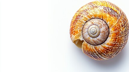 Empty snail shell on white background, copy space